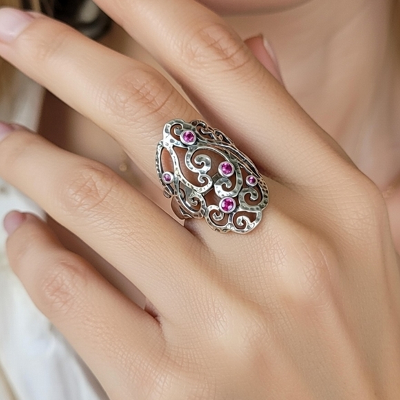 Sterling Jewelry - Intricate Long  Filigree Sterling Silver Israel Ring Size 10 with Pink Accents